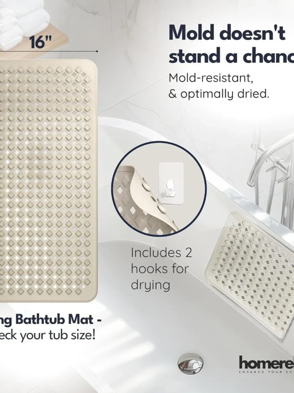 Extra Long Non-Slip Shower Mat 35x16 - Mold Resistant & Includes Drying Hooks